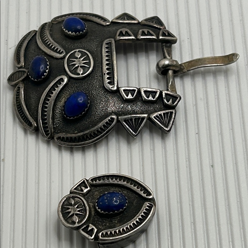 Vintage Sterling Belt Buckle & Slide with Blue Stone Accents